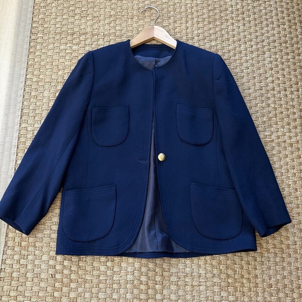 Vintage Union-Made Navy Blue Collarless Blazer Devonshire Regi Buttons Size 10